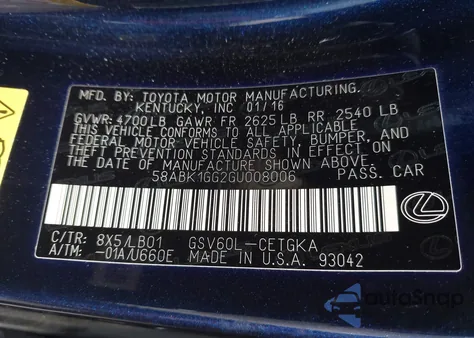 2016 Lexus Es 350 from USA, damaged, VIN 58ABK1GG2GU008006